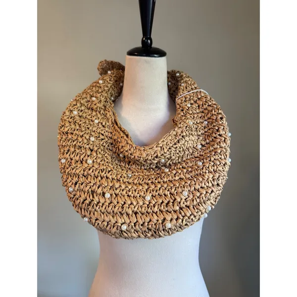 Haute Hippie Woven Straw Pearl Hobo Shoulder Bag Tan NWT boho beach resort daint - Image 2
