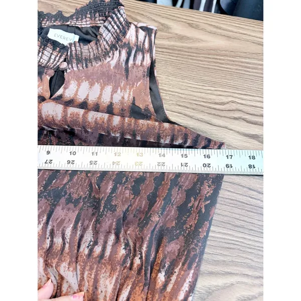 Evereve Brown Rust Ikat Print Smocked Tiered Midi Dress Pockets Small - Image 10