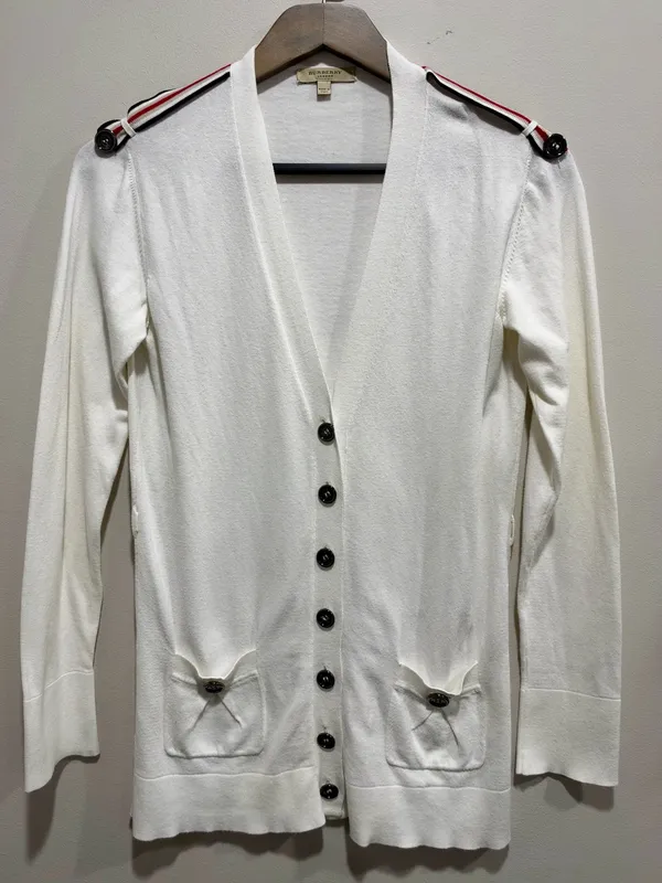 Burberry London White Cotton Icon Stripe Epaulet Cardigan S - Image 2
