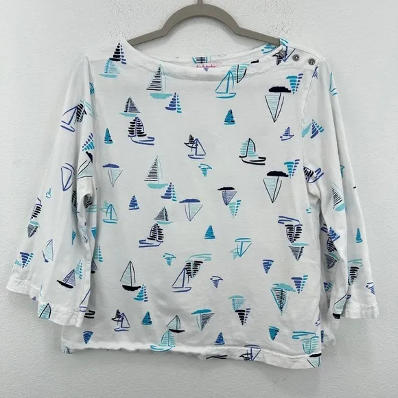 Fresh Produce Sailboat Print Boatneck Top Nautical 3/4‎ Sleeve White Blue - Image 2