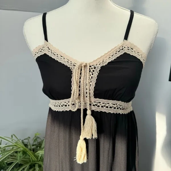 1. State Black Maxi Dress Spaghetti Straps Empire‎ Waist Cream Crochet Trim size XS Beach - Image 6