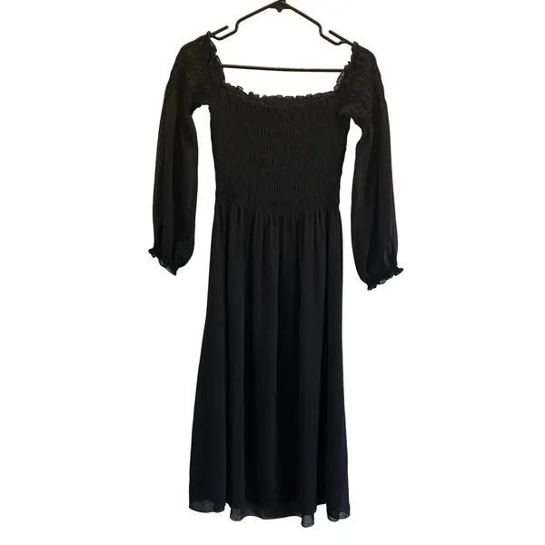 Aritzia Wilfred black stretchy smocked midi dress grunge dark fairy Small - Image 3