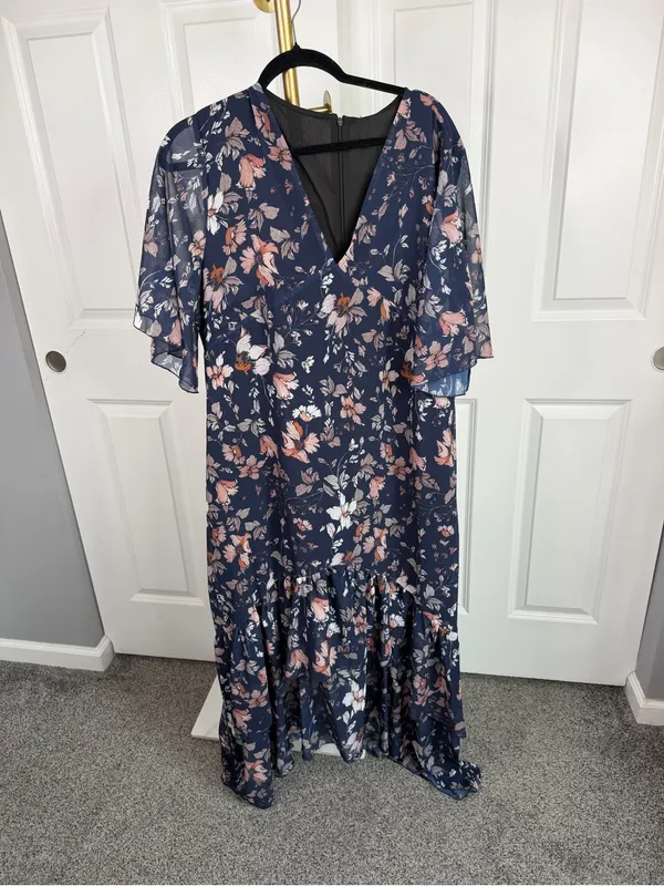 Boutique Navy Floral Flutter Sleeve Tiered Maxi Dress XXL NWT - Image 2