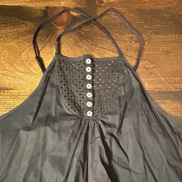 Free People Calico Trapeze Dress Medium Black Eyelet Cotton Mini Ruffle Summer - Image 5