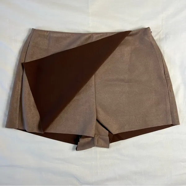 Y2k Faux Suede Wrap Skort Brown Large Mini Skirt Shorts Neutral - Image 5