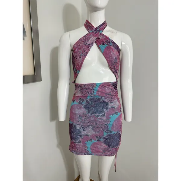 Edikted Women Pink Blue Paisley Mesh Halter Neck Cut Out Ruched Mini Dress Y2K S - Image 2