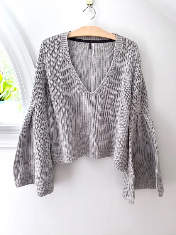 Free People Damsel Bell Sleeve Chunky Knit Sweater Gray XS Boho - Image 6