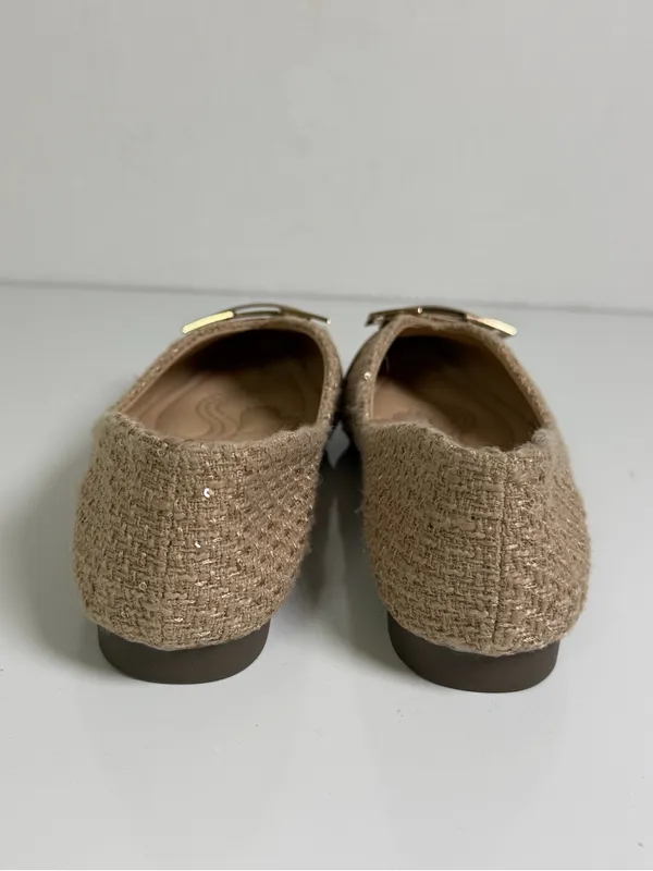 LDEBAO Women’s Tweed Pointed Toe Ballet Flats Beige Gold Buckle Sz US 8 - Image 2