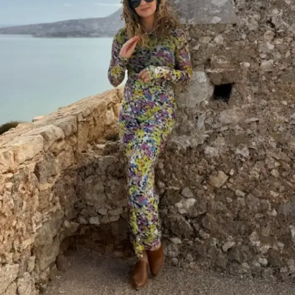 AFRM Abstract Mesh Maxi Dress XS Bodycon Slinky Long Sleeve Didi Designer $90 - Image 5