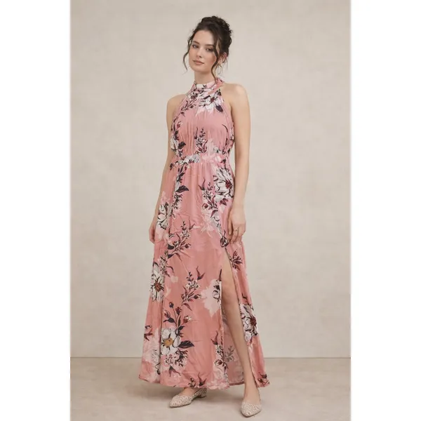 Floral Pink Maxi Dress Small High Neck Front Splits Fairy Cottagecore Whimsical - Image 7