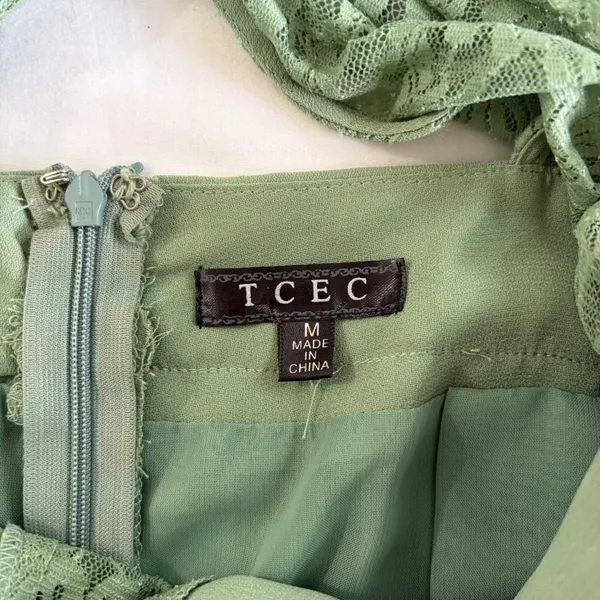 TCEC Sage‎ Green Lace Inset Bow Back Fit and Flare Pleated Mini Dress Medium - Image 11