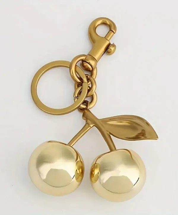 Large Double Golden Cherries Bag Charm Keychain Gold - Image 2
