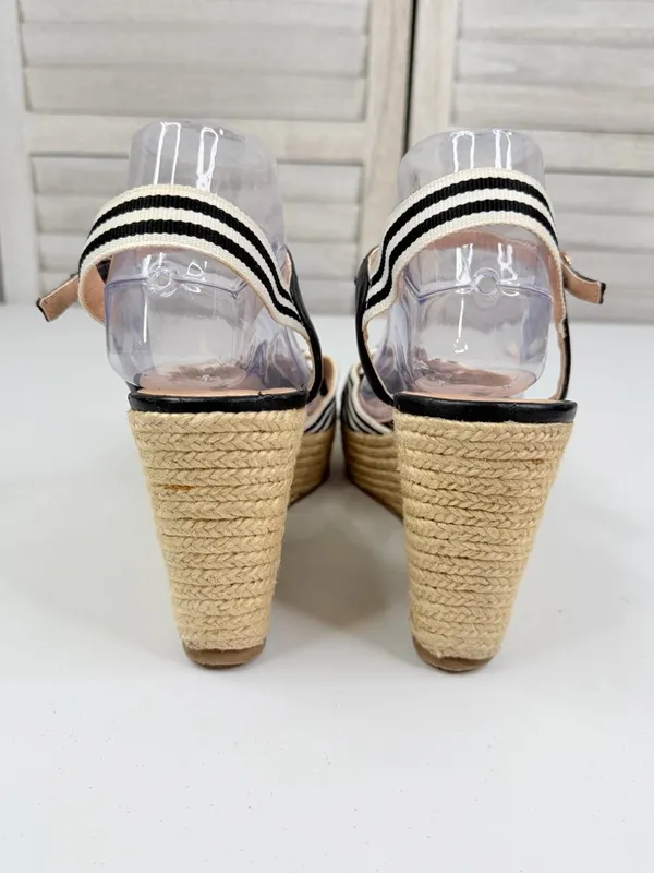 NINE WEST Women's "BREEZE0L1" Striped Espadrille Wedge Sandal Black/White-9.5M - Image 7