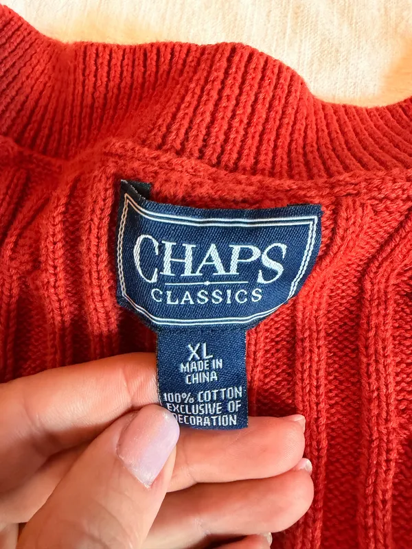 Vintage Chaps Classics Rust Red Cable Knit V Neck Sweater 100% Cotton XL - Image 3