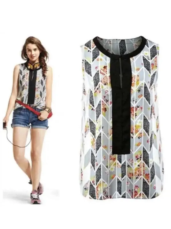 CAbi Floral Chevron Print Sleeveless‎ Tank - White, Black, Yellow, Pink - Image 2