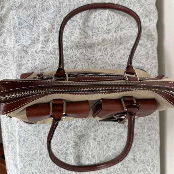 Dooney & Bourke Double Pocket Tote Tan Monogram Brown Leather HandBag Classic - Image 4