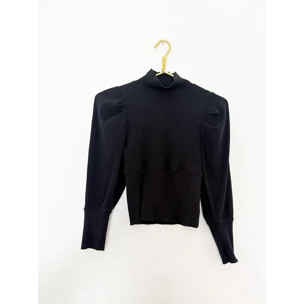 Free People Lala Top in Black Size Small Ribbed Puff Sleeve Cropped Minimalist - Image 4