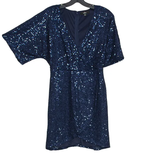 Lulus Dress Faux Wrap Sequin Hoco Party Cocktail Glam Going Out Mini Navy Small - Image 6