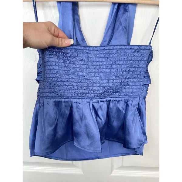 French Connection Blue Satin Halter Top Womens Size XS Smocked back - Image 7