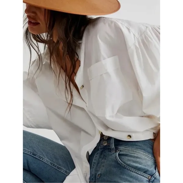 Free People Bohemian Preppy Oversized Happy Hour Solid Poplin Top White Medium - Image 4