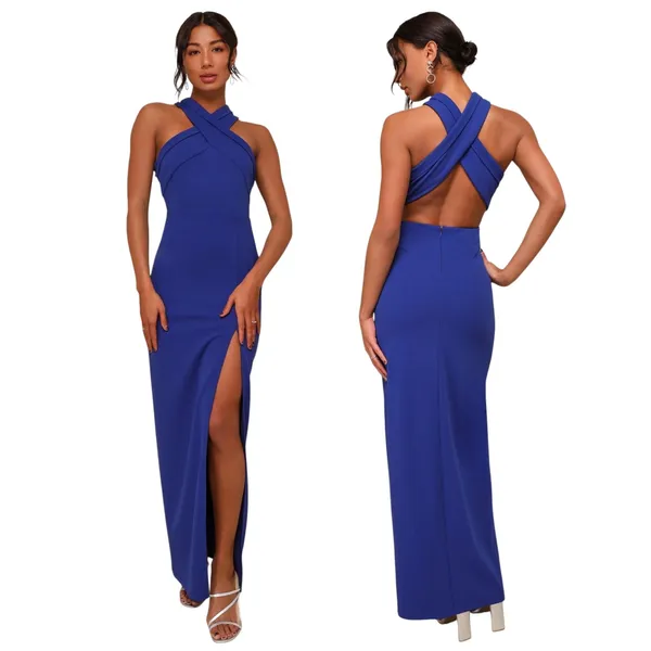 Lulus Head to Cocktail Hour Royal Blue Halter Neck Maxi Dress size S NWT - Image 2
