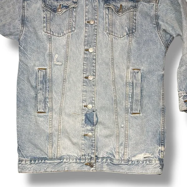 American Eagle‎ Denim Jacket Sz Small Trucker Type III 3 Ripped Distressing Long - Image 3