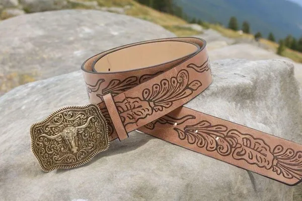 Western Style Bull Head Buckle Unisex Belt Vintage Embossed - Image 5