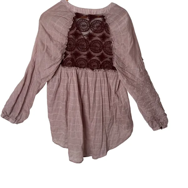 Free People Crochet Lace Back Top Pintuck Pleat Tunic Womens S Burgundy BOHO - Image 6