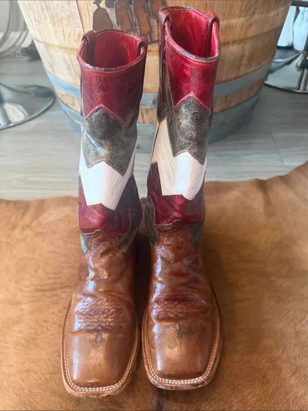 $299 Macie Bean Red White & Brown Leather Western Square Toe Cowgirl Boots 9.5 - Image 5