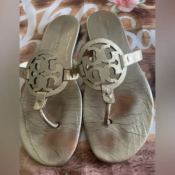 Tory Burch Gold Miller Sandals with Signature Medallion - Image 2