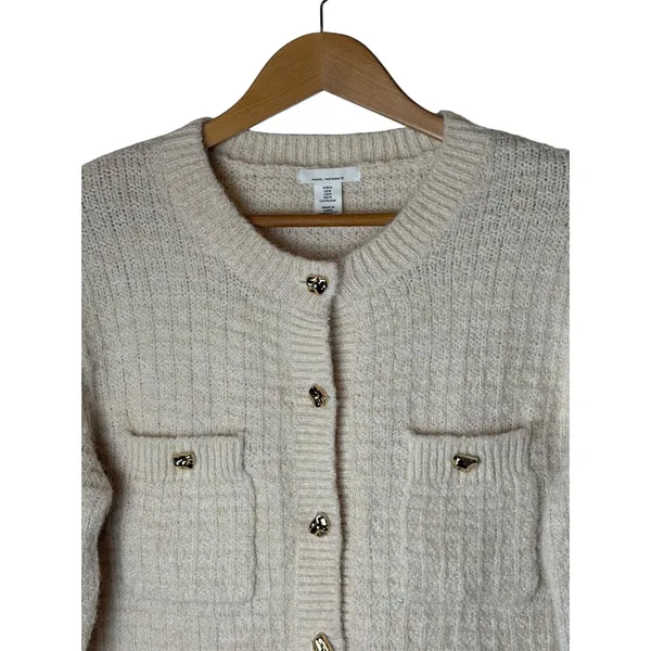H&M Structured Knit Cardigan Women Medium Ivory Gold Button Maternity Sweater - Image 6