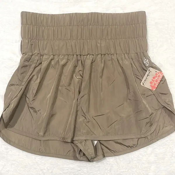 Free People Smocked High Waist Windbreaker Running Shorts Medium Light Mocha - Image 4