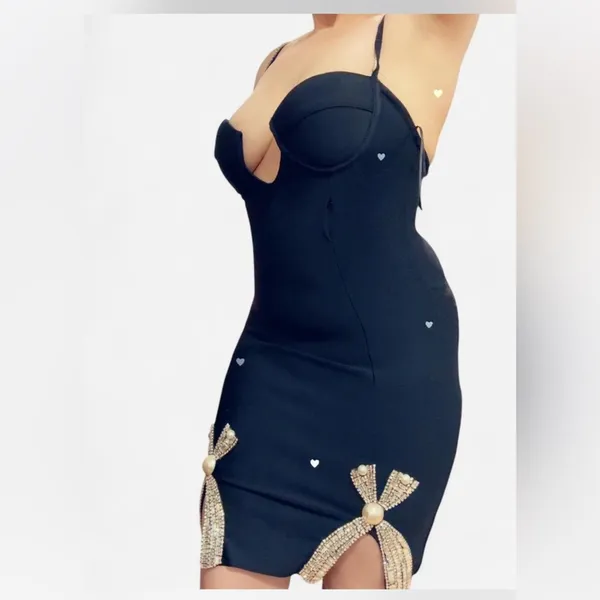 Deep plunge rhinestone mini dress Black - Image 2