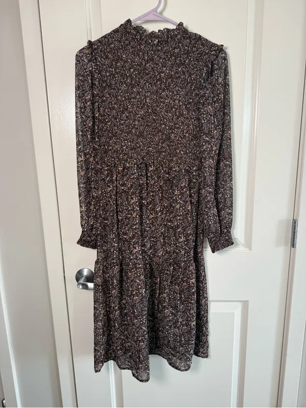 Smocked High-Neck Brown Floral Midi Dress with Long Sleeves - Image 2