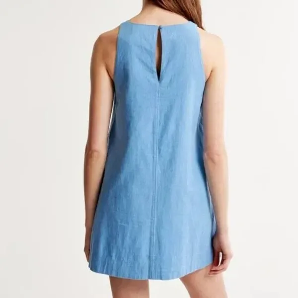 Abercrombie Light Blue High-Neck Linen-Blend Mini Dress Size Small - Image 4