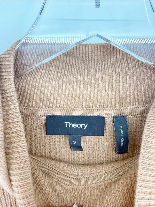 Theory Ribbed Mock Neck Hooded Wool Blend‎ Sweater Women's S Tan Quiet Luxury - Image 6