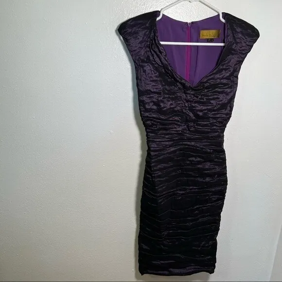Nicole Miller Women's Sz 2 Cowl Neck Technometal Tuck Dress Black Purple Bodycon - Image 2