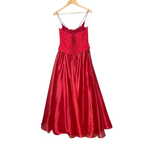 Vintage Y2K Prom Dress Corset Back Glitter Red Lace Attached Top Skirt Lace-Up - Image 2