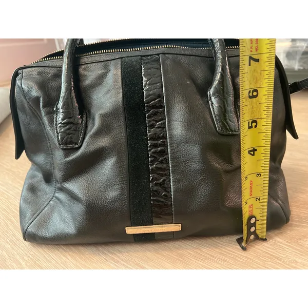 Cole Haan Black Soft Leather Satchel Handbag Gold Accents Navy Interior - Image 3