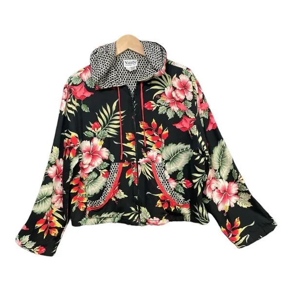 VTG Vanity Tropical Floral Beaded Shell Lightweight Zip Hoodie Jacket Size L - Image 2