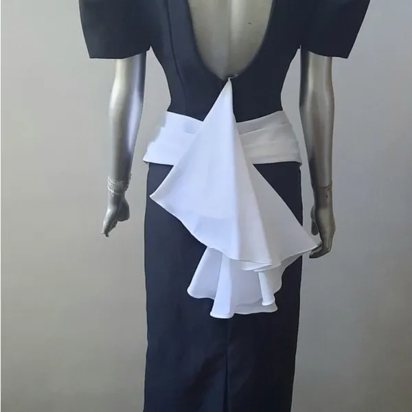 Vintage 80s Black White Puff Sleeve Column Maxi Dress Open Back Prom Goth Formal - Image 2