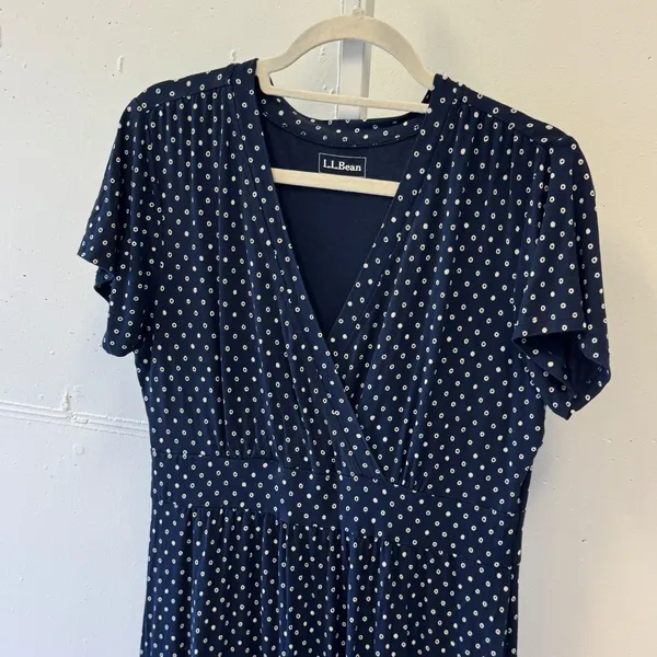 L.L. Bean Navy Polka Dot Faux Wrap Midi Dress Empire Waist 504854 M Reg - Image 3