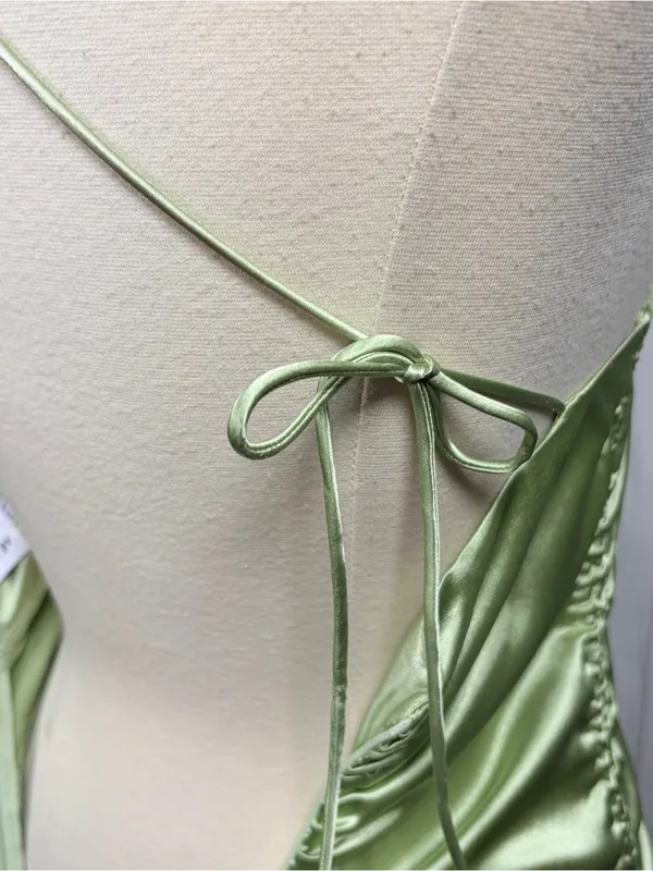 PRINCESS POLLY Chartreuse Satin‎ Tie Shoulder Straps Ruched Mini Dress, Size 4 - Image 9