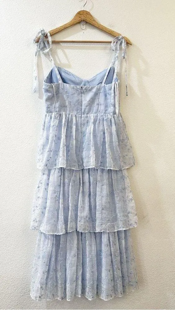 Lulu’s Vineyard Visit Blue Embroidered Tie-Strap Tiered Midi Dress Light Blue L - Image 10