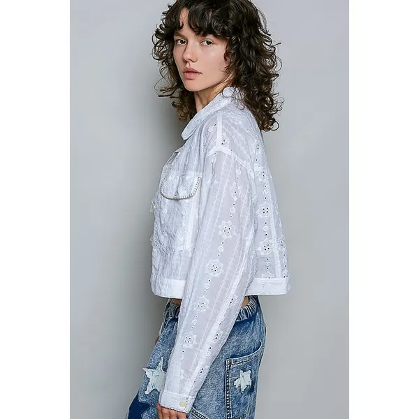 POL Eyelet Textured Cotton Cropped Button Front Jacket - Medium - Image 2
