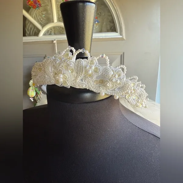 Vintage 90s rose floral crown pearl tulle layered wedding bridal veil - Image 7
