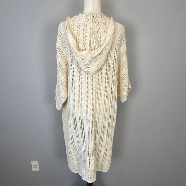 American Eagle Crochet Duster Hooded Cardigan Sweater Jacket Size M Ivory Cotton - Image 5