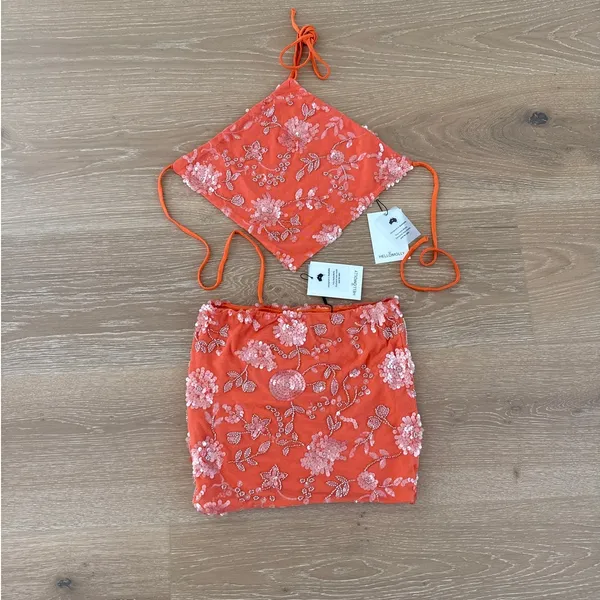 Hello Molly Sunkissed Oasis Mini Skirt Halter Top Set Size XS in Orange - Image 2