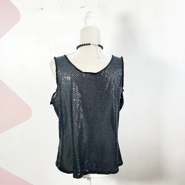 Vintage Y2k Sequin Tank Top Sz Large Black Sheer Grunge‎ Emo Mall Goth Festival - Image 2