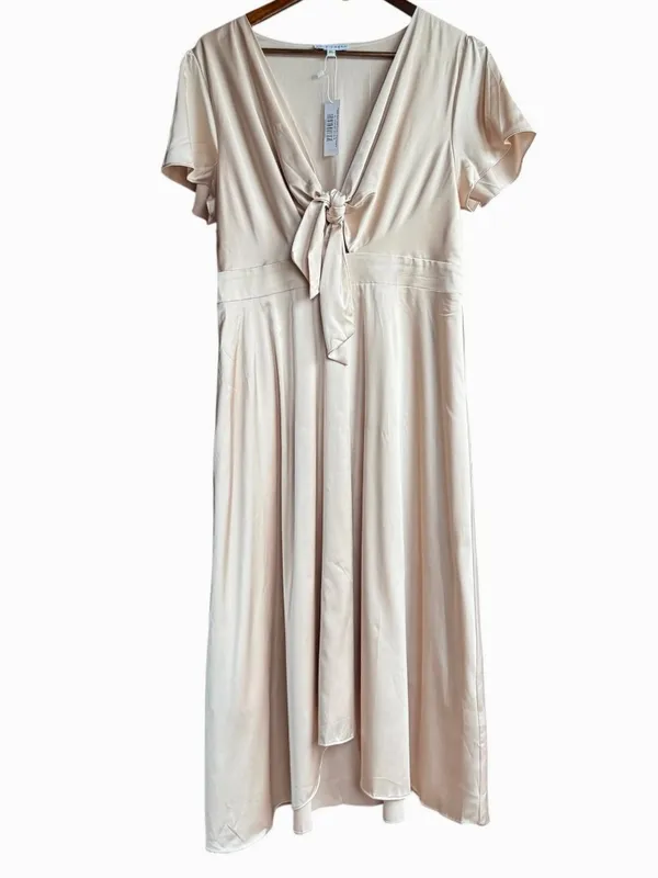 NWT Baltic Born Poppy Satin Midi Dress V-Neck Open Tie Front in Champagne Sz XL‎ - Image 3